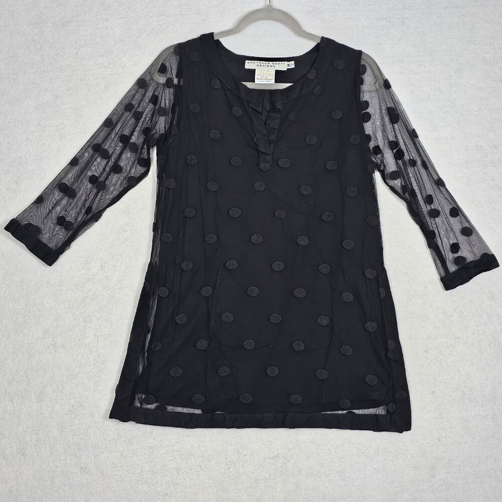 Gretchen Scott Designs Medium Tunic Top Black Polka Dot Sheer Removable Tank